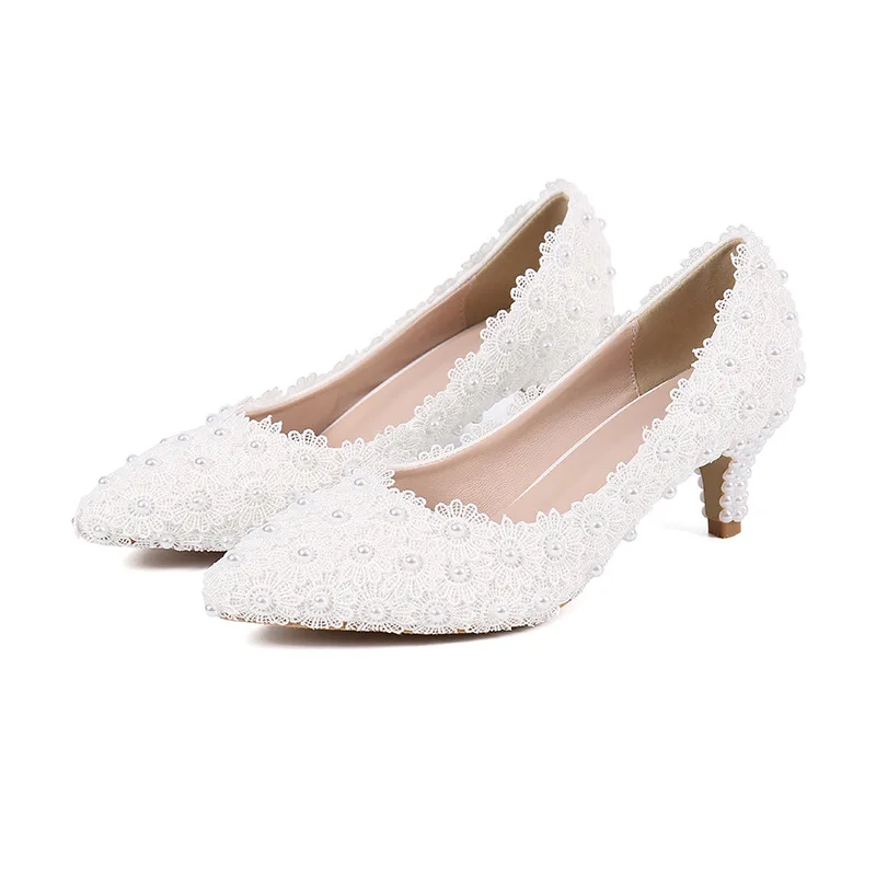 

Sexy Super High Ethnic Pumps Shallow Lace PEARL Wedding PU 3 5 CM Thin Heels Summer Flower Pole Dancing Woman Shoes White