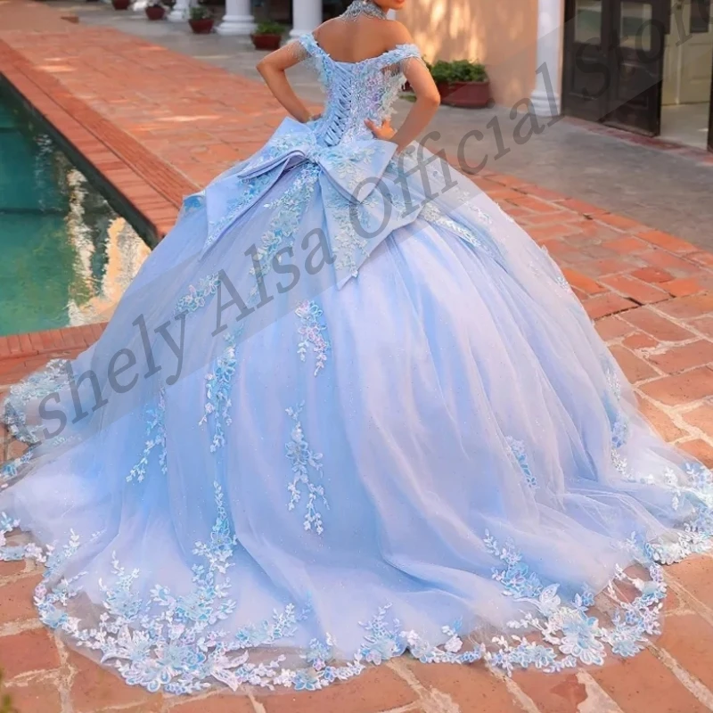 Robes de Quinceanera mexicaines bleu ciel personnalisées pour femmes, robe de Rhen dentelle, robe de Rhde perles, robe de fête d'anniversaire, Off Initiated, AQ33