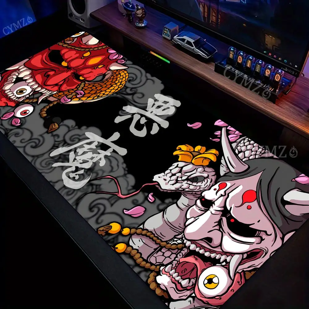 Mauspad im Ukiyo-e-Stil mit dämonischem Thema, Schreibtischunterlage mit genähtem Rand, rutschfest, langlebiges PC-Zubehör, Gaming-Matten, Mauspad-Teppich