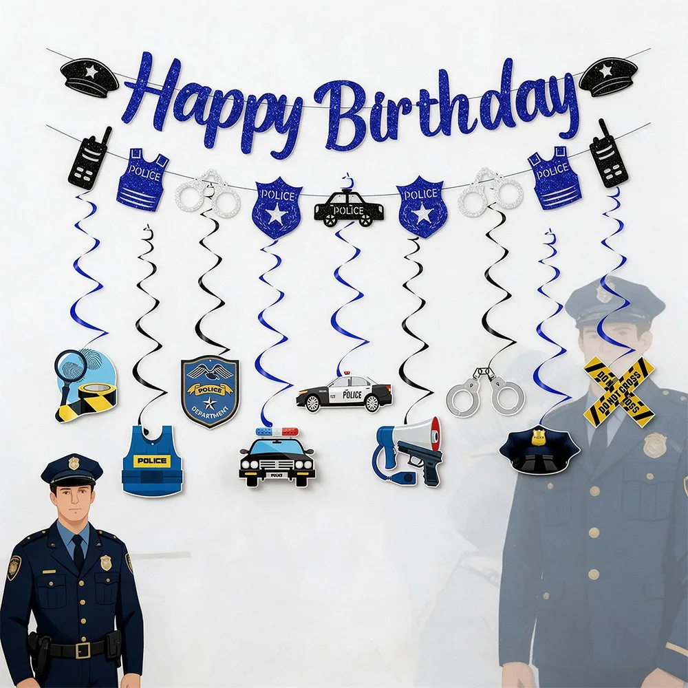 Bannière d'anniversaire sur le thème de la police, décorations en spirale à suspendre, décor d'anniversaire pour garçons, bannière de décor de fête d'anniversaire sur le thème des voitures de police.