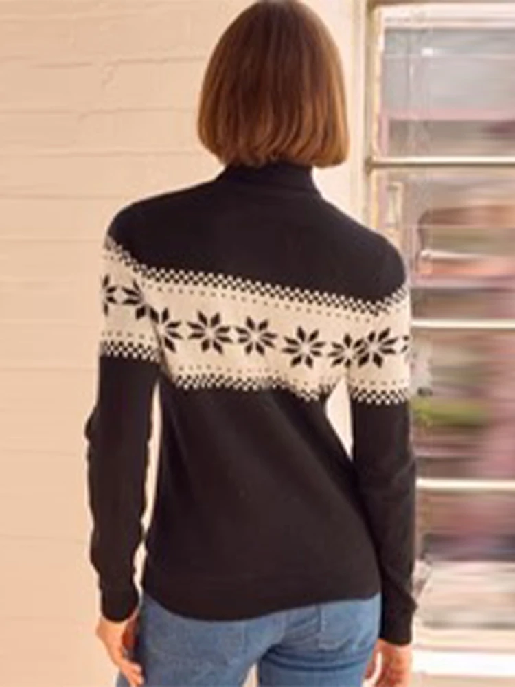 

Женский свитер с жаккардовым узором «Снежинка», с высоким воротником, эластичным низом, классический повседневный облегающий модный теплый топ для женщин