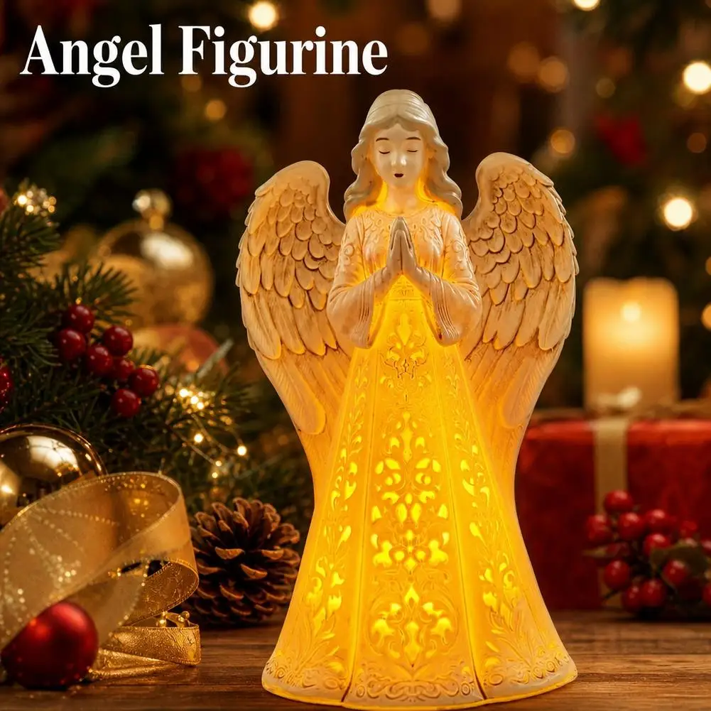Christmas Light Up Angel Figurine Hollow Carved Warm LED Night Light Resin Praying Statue For Mantel Table Home Decoration
