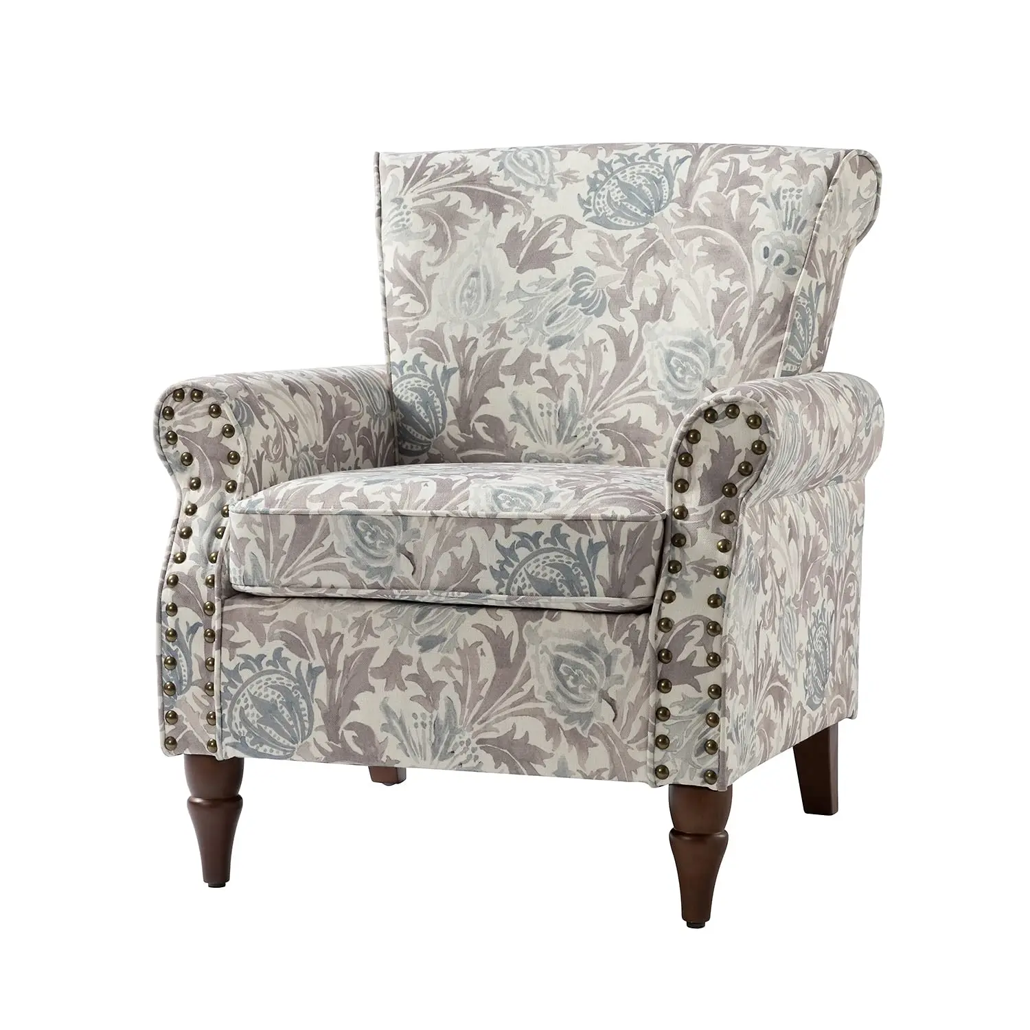 #Floral Wingback Chair Wood Legs Removable Cushion Nailhead Trim Reading Armchair Living Room Bedroom