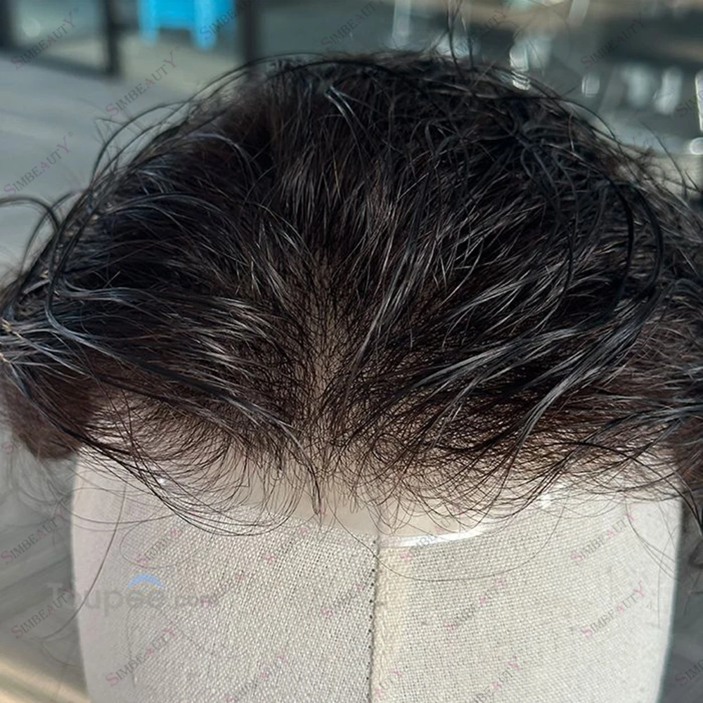 Super Natural 80%-90%Density Men's Human Hair Toupee Undetectable 0.02mm Poly Skin Vloop Realistic Hair Replacement Prosthesis