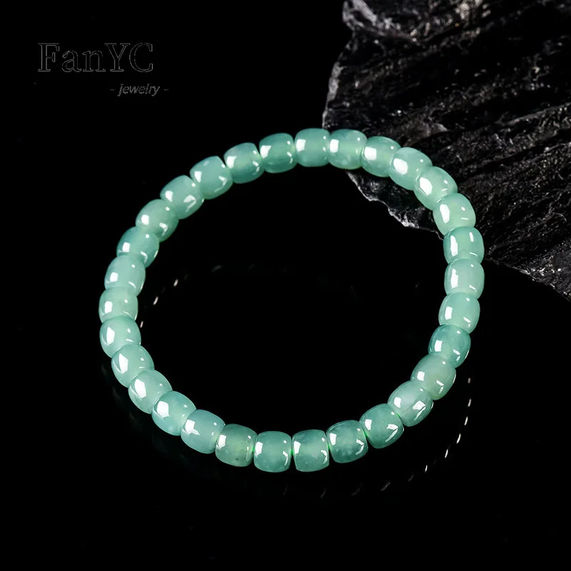 Natural Grade A Jadeite Blue Water Bucket Bead Bracelet High-End Exquisite Ice-Type Jade Bracelet for Women Holiday Gift