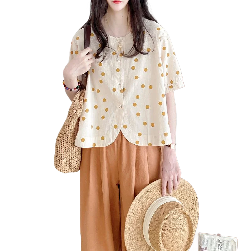 

Women Clothing Summer Casual Korean Fashion Loose Buttons Single Breasted Printing Polka Dot Short Sleeve Lively Bright Easy