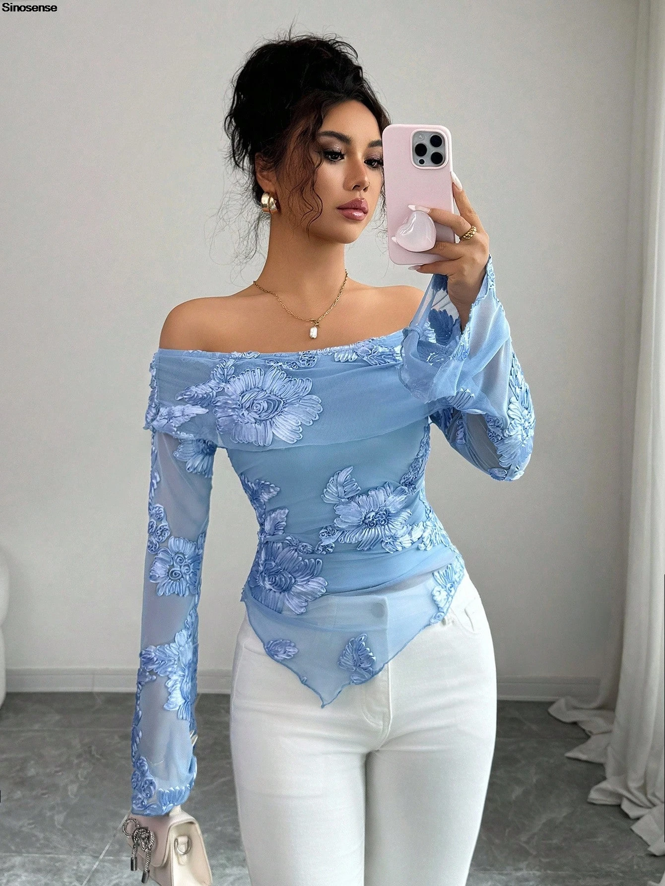 

Womens Long Sleeve Off The Shoulder Tops Floral Embroidery Sheer Mesh Shirts Y2K Street Date Night Club Party Going Out Blouses