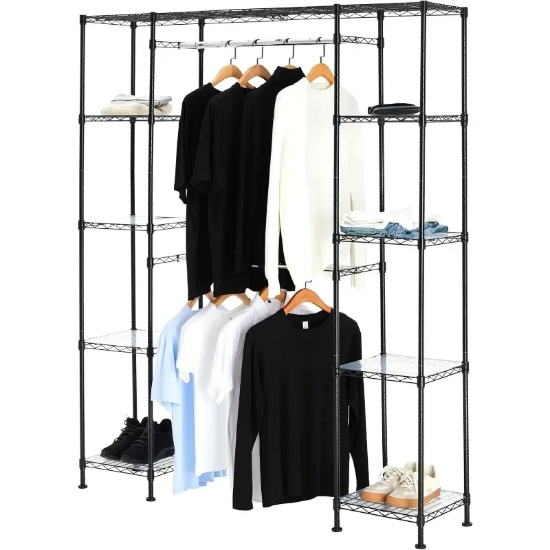 

Adjustable Expandable Metal Hanging Closet Storage Organizer Rack with Shelves, 57''- 80''L x 14''W x 72''H, Black