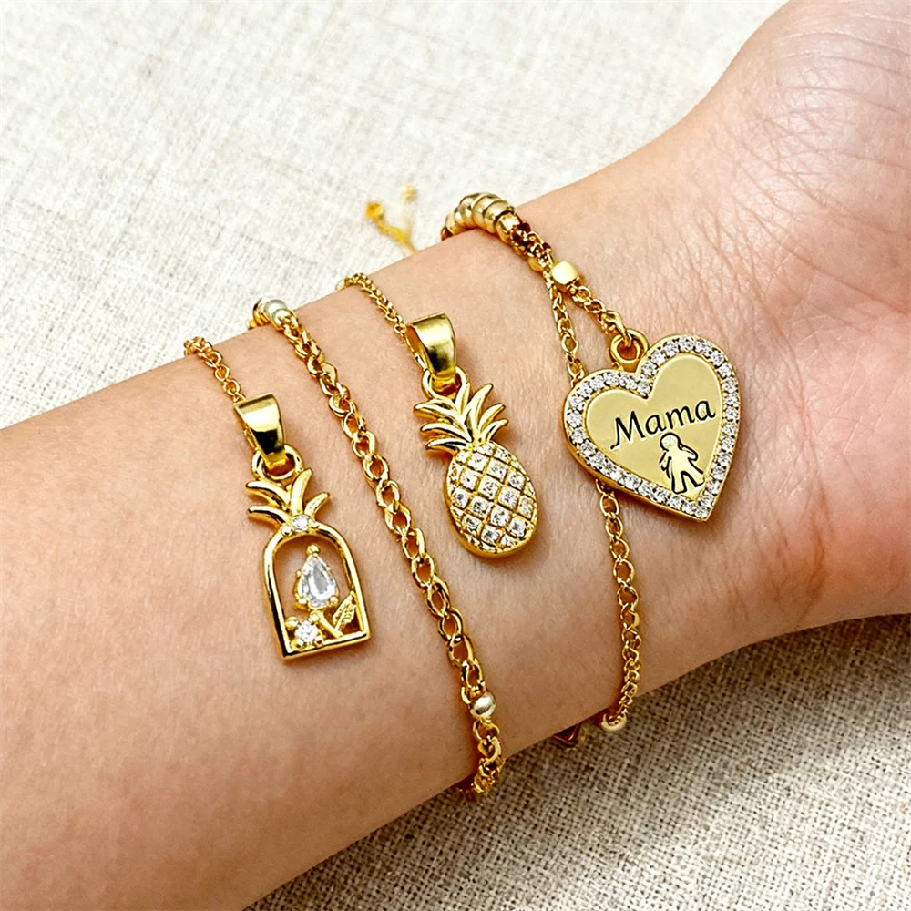 

3Pcs Pendants Brass Cubic Zirconia Trendy Mama Heart Pineapple Rose Charms for DIY Jewelry Necklace Bracelet Making Accessories