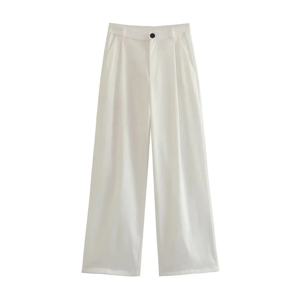 TRAF Pants Women Fashion Side Pockets Front Darts Straight Pants Vintage High Waist Zipper Fly Female Casual Trousers Mujer