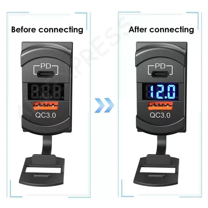 New54W USB Rocker Switch USB-C Charger Socket With Waterproof Cover PD & QC3.0 12V/24V LED Voltmeter For On Marine Rv Vehicles