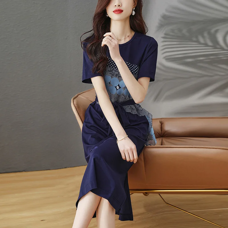 Elegant Patchwork Dress for Women, O-Neck T-Shirt, Short Sleeve, Belt, Slim Female Dresses, Navy Blue,  Summer, New, 202