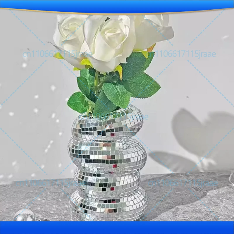 

Disco Ball Spiral Vase Unique Glass Tiles Flower Bottle Disco Ball Planter Silver Mirror Vase Home Living Room Office Decor
