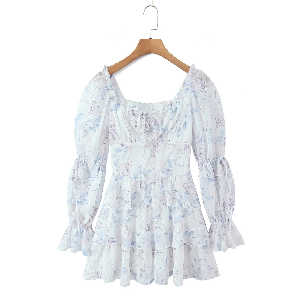 Mulheres floral impressão laço até arco ruched peito puff manga longa mini vestido romântico manga longa puff 3 camadas bainha vestidos vestido