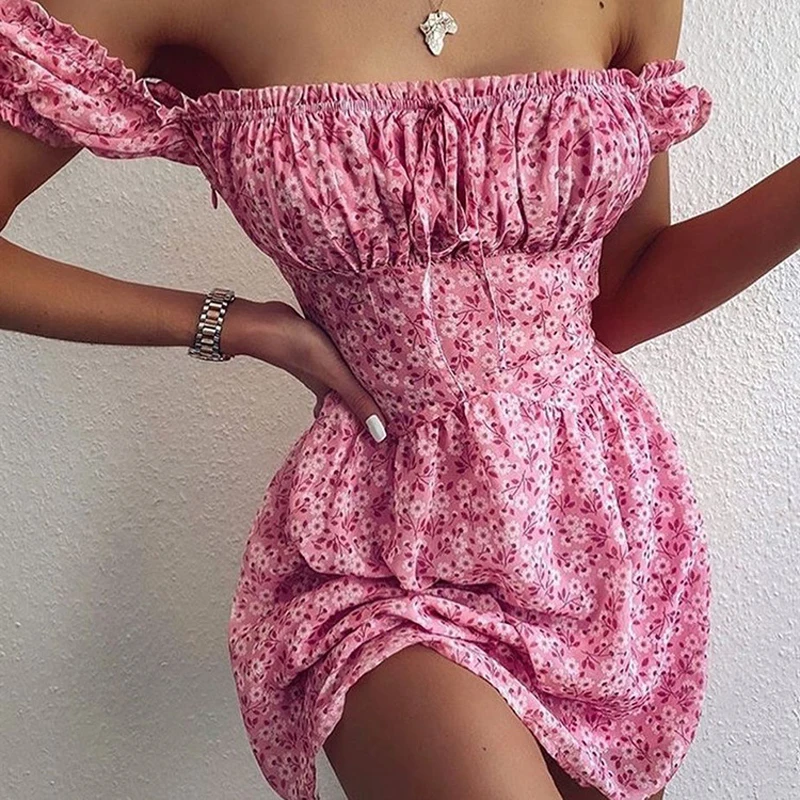 

Pink Floral Dress Women Sexy Off Shoulder High Waist A-line Print Dresses Nice Summer Seaside Resort Style Casual Vestidos