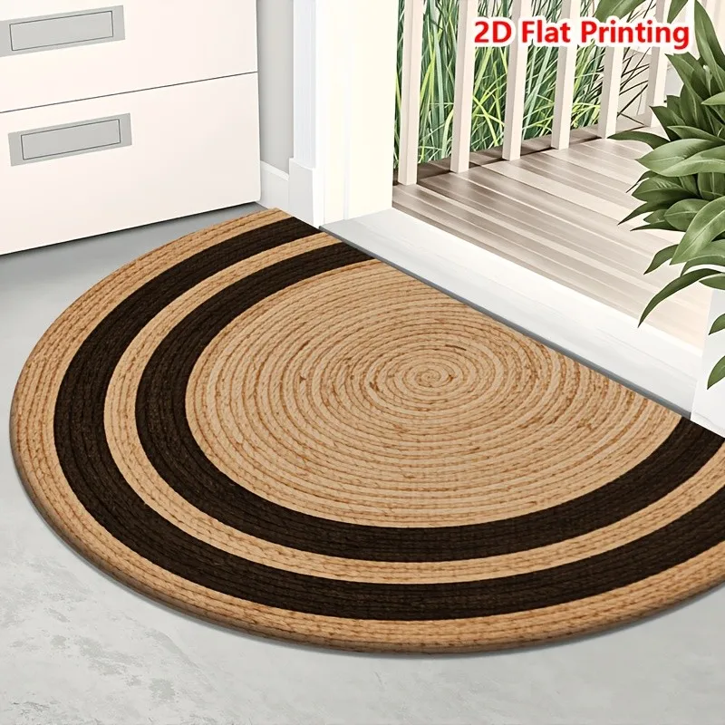 Woven Striped Semicircle Doormat Natural Brown and Black Concentric Stripes Non Slip Floor Mat for Farmhouse and Boho Home