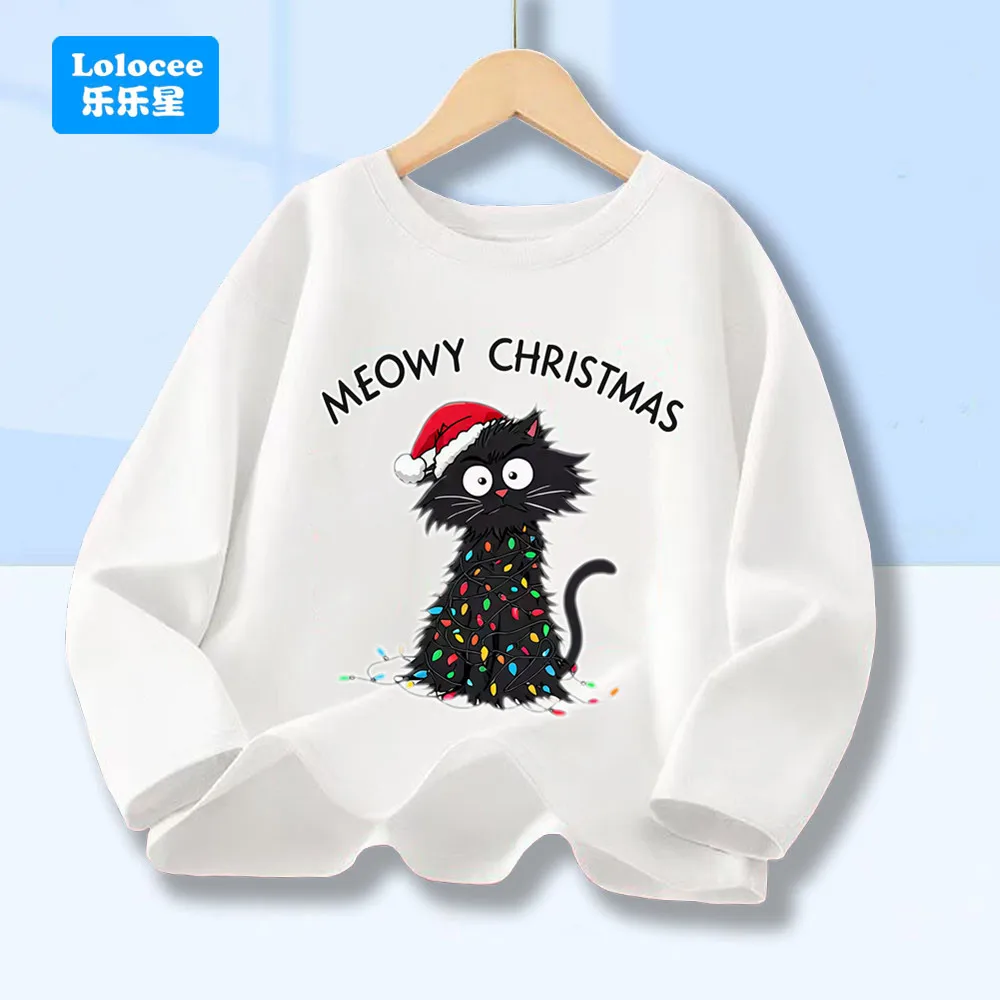 Meowy Weihnachten Katze Druck Junge Mädchen Mode Langarm T Shirt Kinder O Hals Kleidung Lustige Frohe Weihnachten Party Tops T MSD1