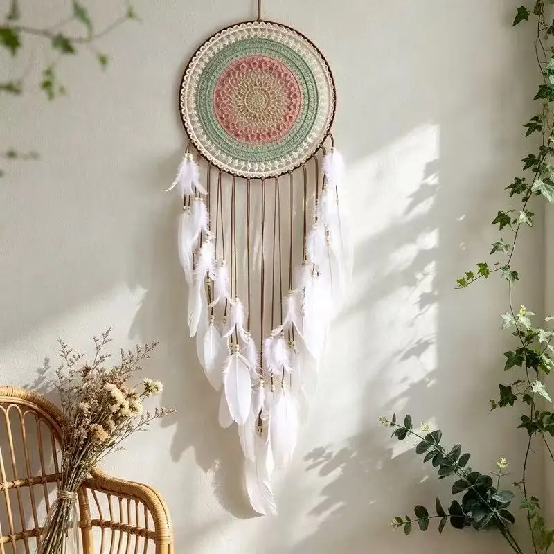 Bohemian Wall Hanging Dream Catcher Net With White Feather Tassel Weaving, Bedroom, Living Room, Dormitory Decoration.Gift