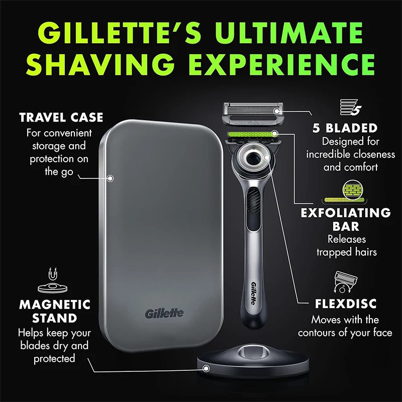 Gillette Labs Razor 5 Layer Blades Men Manual Shaving Razor 1 Handle+5 Refill Blades+Magnetic Base+Metal Travel Case