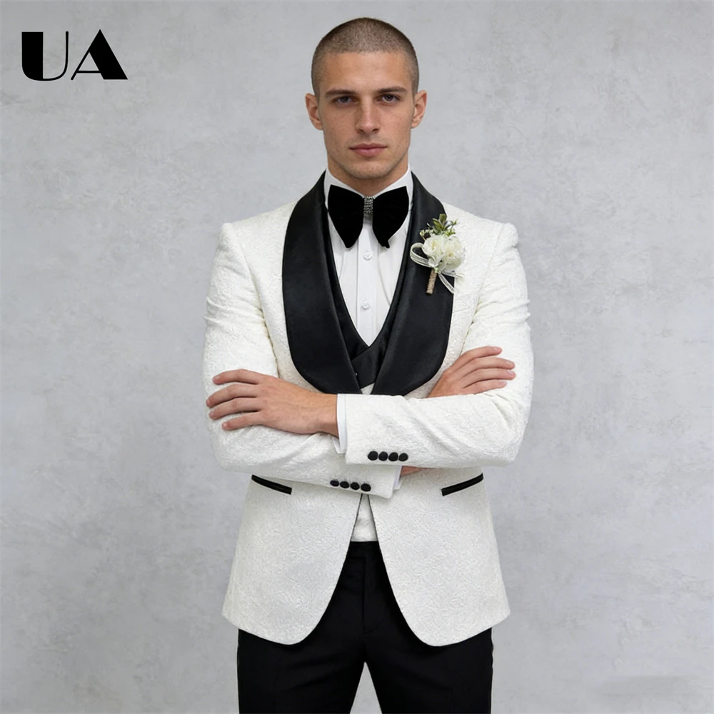 Jacquard One Button Suit Set for Groom and Bestman, 3-Piece Suit Set (Jacket Vest Pants) Brand Selection Prom Suit Attire