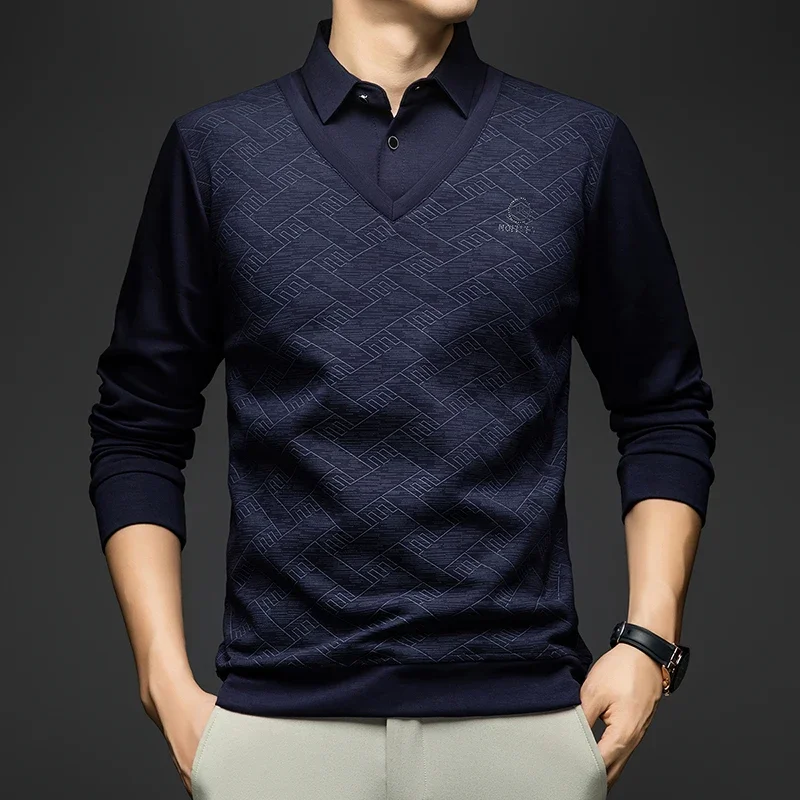 

BROWON 2025 весенняя толстая элегантная футболка мужская с длинным рукавом мягкая дышащая поддельная офисная женская подарочная мужская футболка из двух предметов большого размера