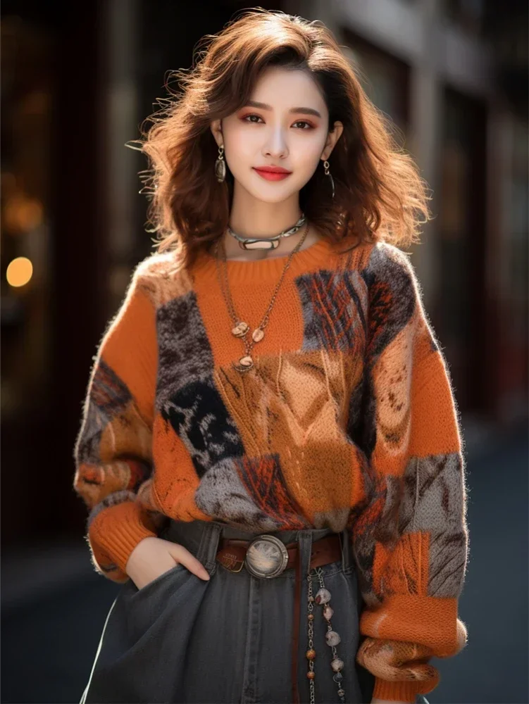 French Vintage Pullovers Long Sleeve Plaid Jacquard Design Casual Loose Sweaters Autumn Winter All Match 2024 Women\'s Clothing