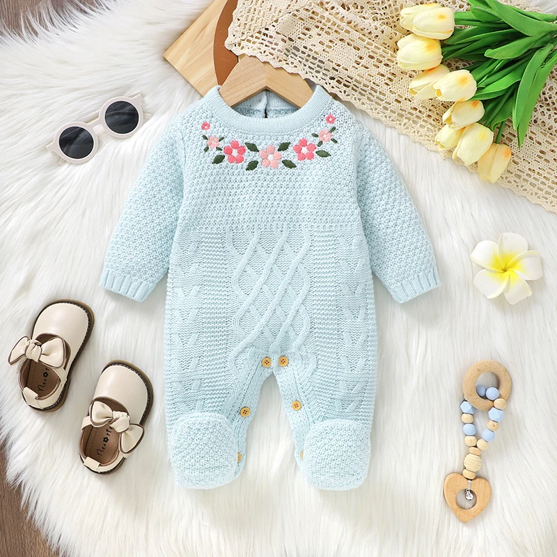 Newborn Baby Rompers Knit Child Clothes Long Sleeve Pantyhose Foot Wrapping Warm Autumn Infant Girl Jumpsuit Fashion Embroidered