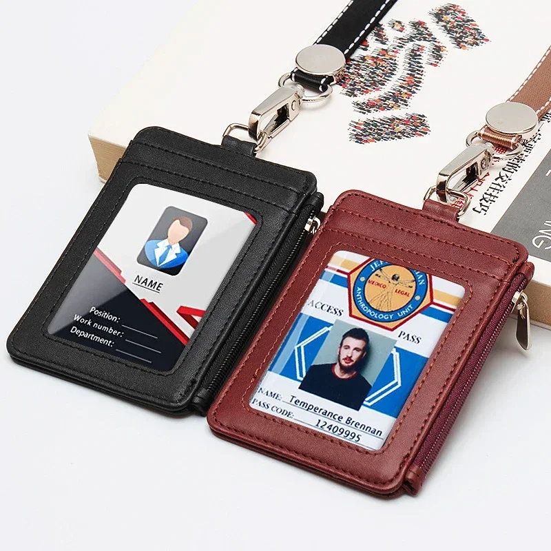Multi-card Slots Staff Office Worker Student Card Holder PU Leather Badge Access Control Business Lanyard Zipper Work Permit