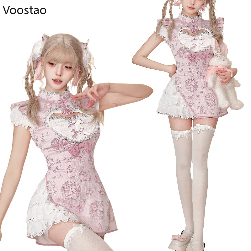 Pink New Chinese Style Vintage Lolita Dress Women Elegant Cute Apron Kitchen Maid Cheongsam Dresses Female Sweet Y2k Mini Dress