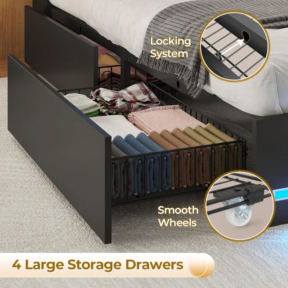 Bed Frame with Bookcase Headboard, Wooden Bed Frame with Charging Station, Storage Drawers and LED Lights, Customized image 5