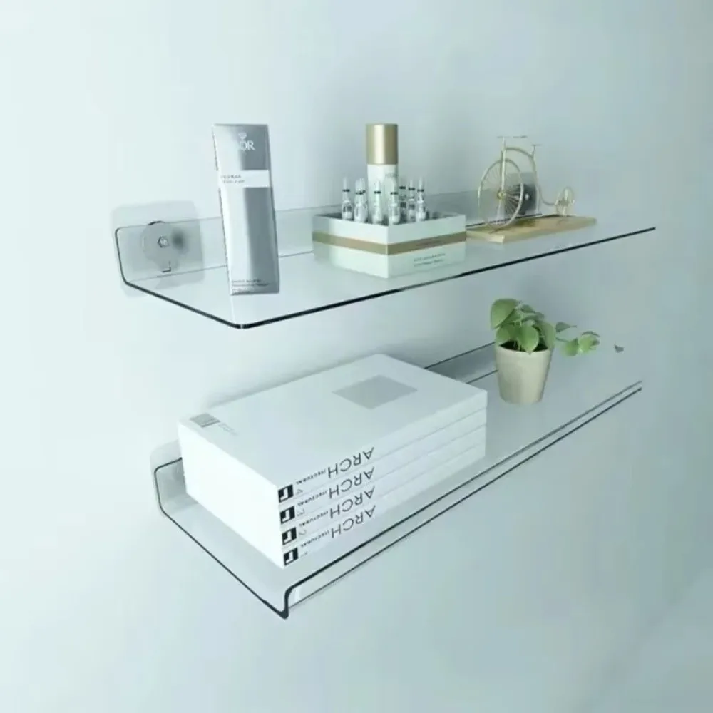 Modern Style No Punching Acrylic Clear Rack Space Saver with Stickers Wall Mounted Shelf U Shape Floating Bookshelves Kitchen