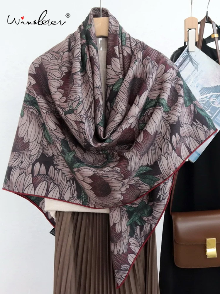 

Шарф Winsleter для женщин, 30% шелк, 70% шерсть, элегантный, 135*135 см, двусторонний принт, универсальный, подарок для мамы, весна 2026, A61045CC