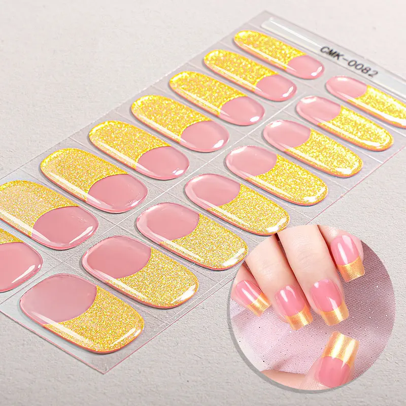 16Tips French Stripe Gel Nail Strips Full Cover Shining Polka Dot Baking-Free Gel Nail Stickers DIY Manicure Decoration