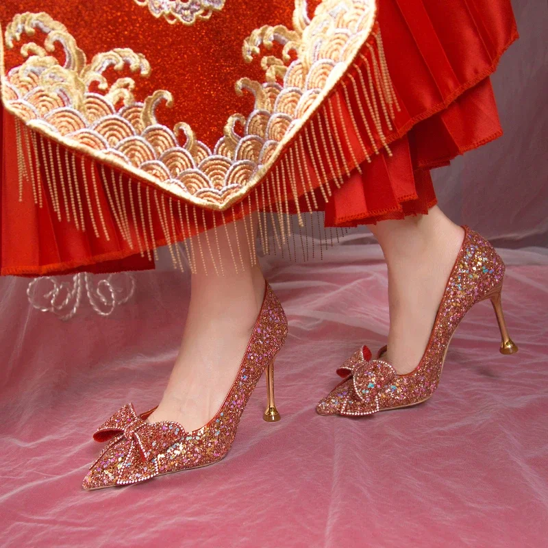 Red Wedding Shoes 2024 New Wedding Dress Show He Two Wear Temperament Bridal Shoes Sparkling Thin Heel Bow Women's High Heels