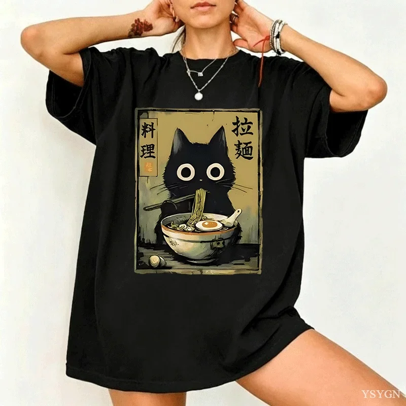Kawaii Ramen Cat Retro Japanese N..Essential T-shirt Men Women Clothing Fashion Cotton T Shirt Oversized Short Sleeves Tee Shirt