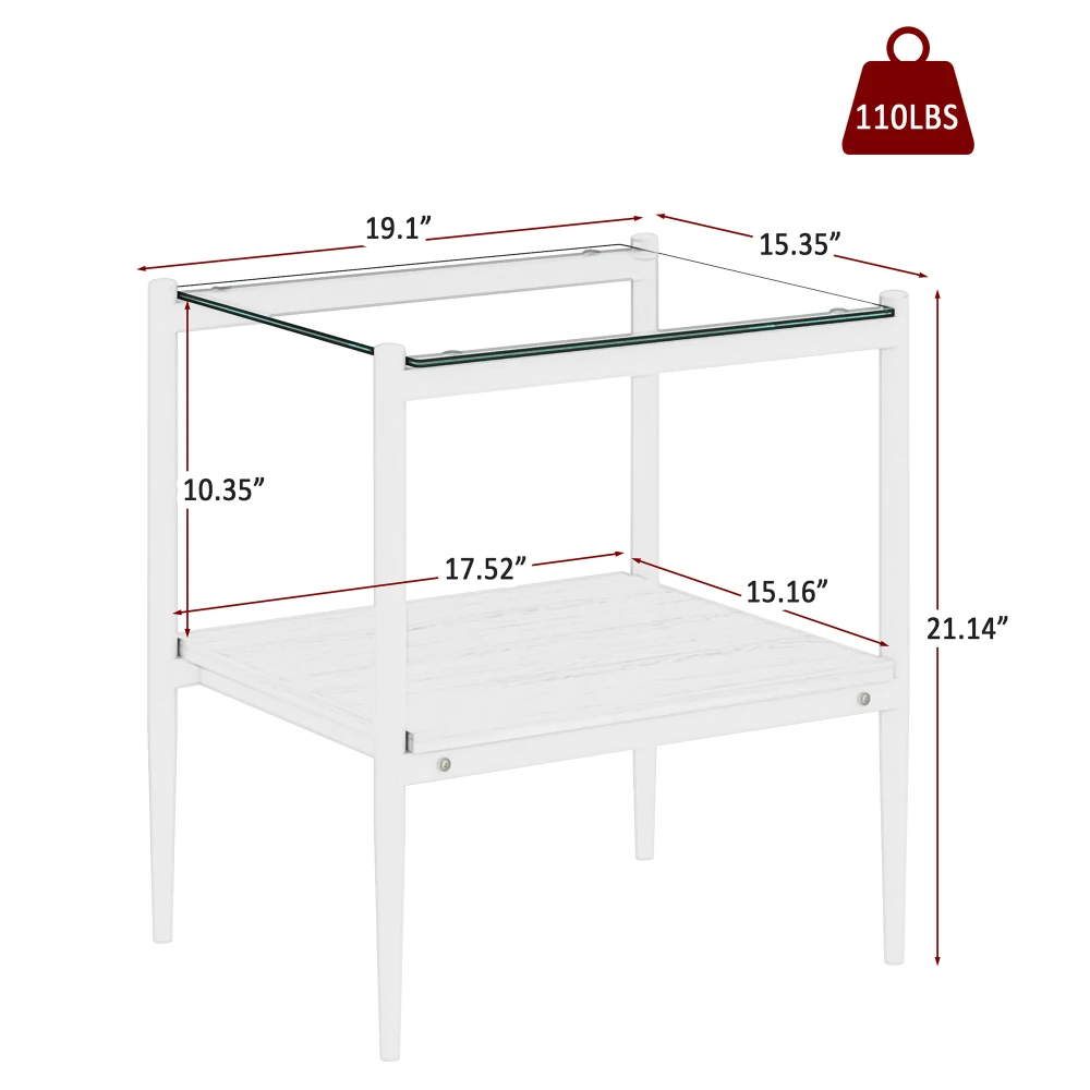 Set of 2 Rectangle End Table, Tempered Glass Tabletop with MDF layer, Modern Table for Living Room , Transparent Glass White