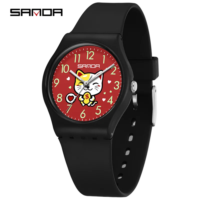 Fashion Sanda 6139 Student Quartz Watch Creative Cute Cartoon Wealth Cat Silicone Strap Wristwatch For Boys And Girls Clock Gift