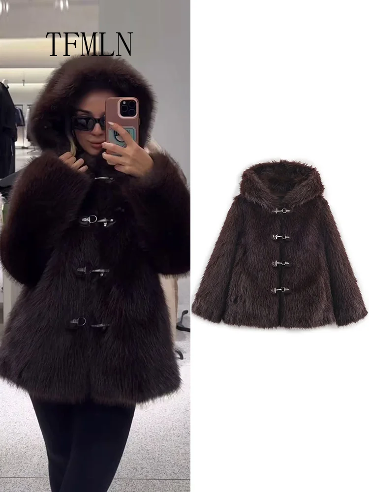 

2025 Autumn Winter Women Faux Fur Jackets Luxury Thick Warm Hooded Loose Fur Coats Chic Causal Fashion Girls Furry Overcoat