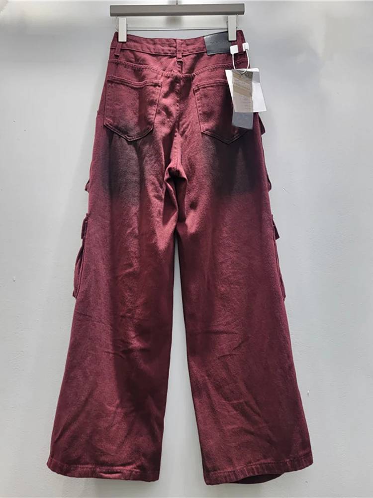 DEAT-pantalones vaqueros de cintura alta para mujer, Jeans Cargo rectos lavados con teñido anudado rojo, múltiples bolsillos, nueva moda, otoño, 2024, 33A1914