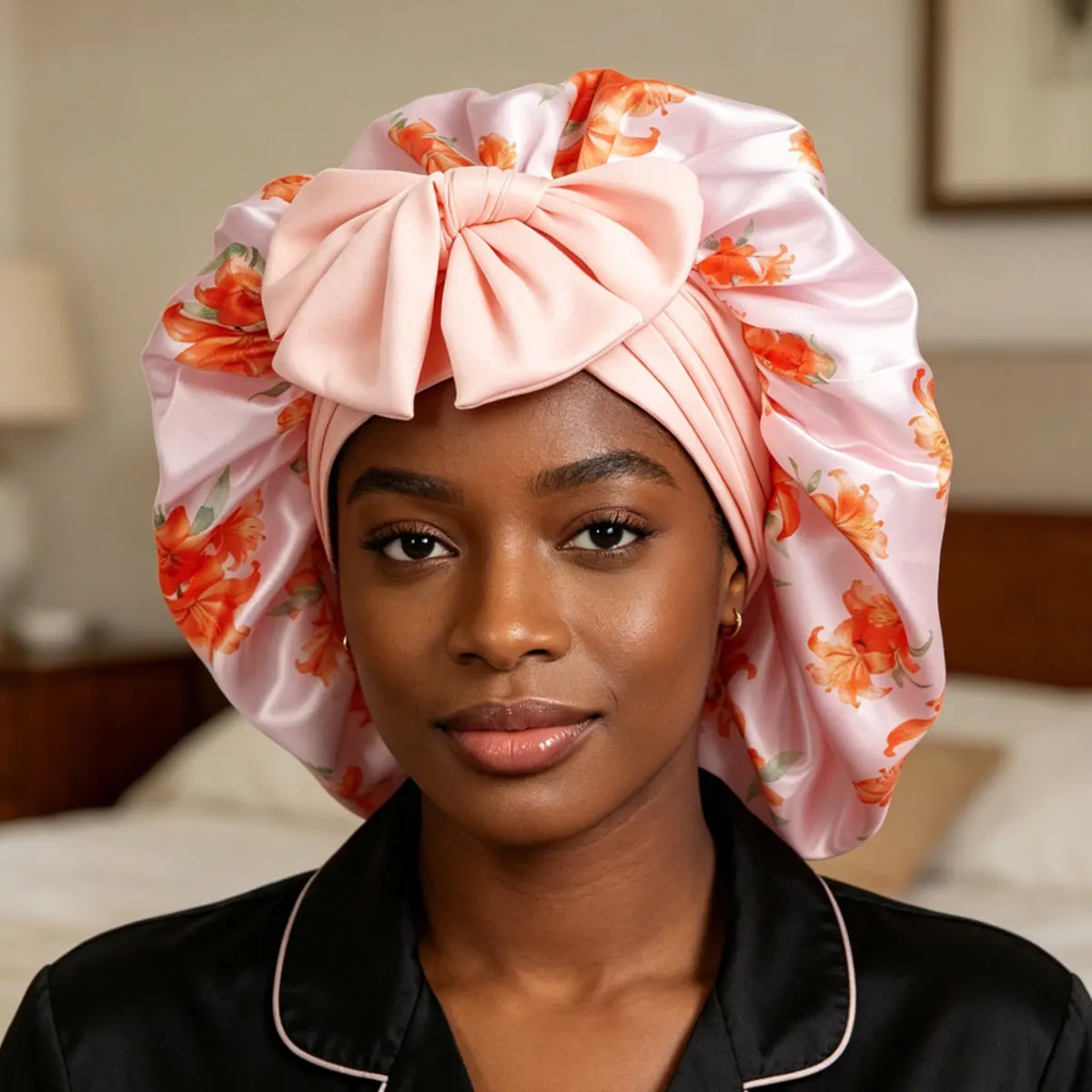Extra Large Satin Sleeping Cap with Adjustable Band Beauty Flower Print Soft Hair Protection for Long Braids And Curly Hair