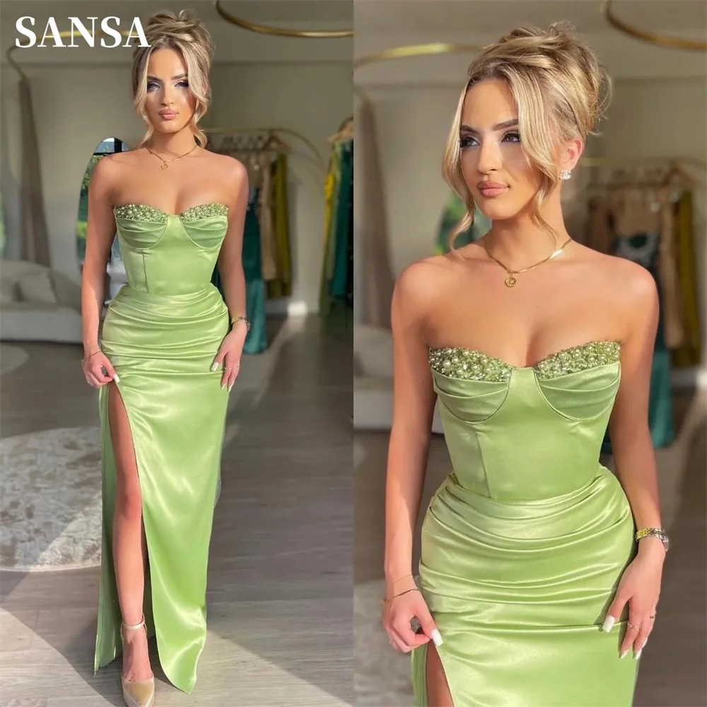 Sansa Grass Green فساتين السهرة Strapless Mermaid Vestidos De Noche Elegant Sleeveless Sexy Side High Split Prom Dresses 2024