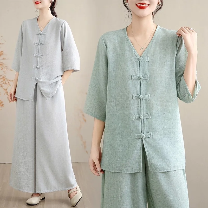 Moda algodão e cânhamo yoga conjunto de roupas 2025 outono novo chá roupas topo linho calças perna larga duas peças roupa para mulher w1214
