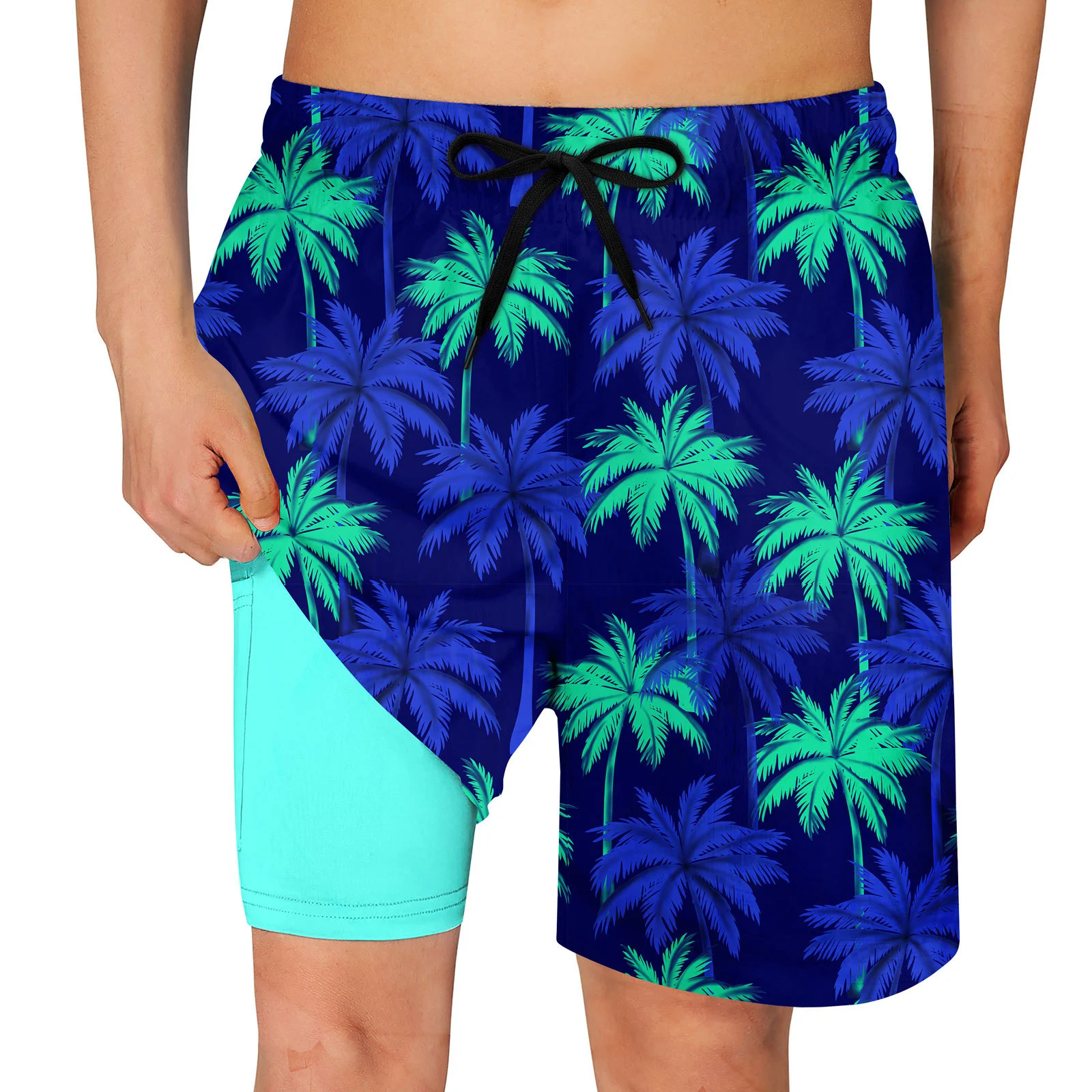 

Mens Swimming Trunk Elastic Waistband Drawstrings Swim Shorts 2 in 1 Double Layers Tropical Print Beach Shorts Casual Shorts