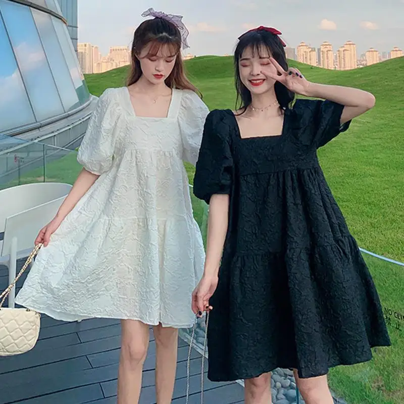 Summer 2025 Women's Sweet Square Collar Bubble Sleeve A-Line High Waist Slimming Loose Friend Matching Dress Casual Fairy Skirt