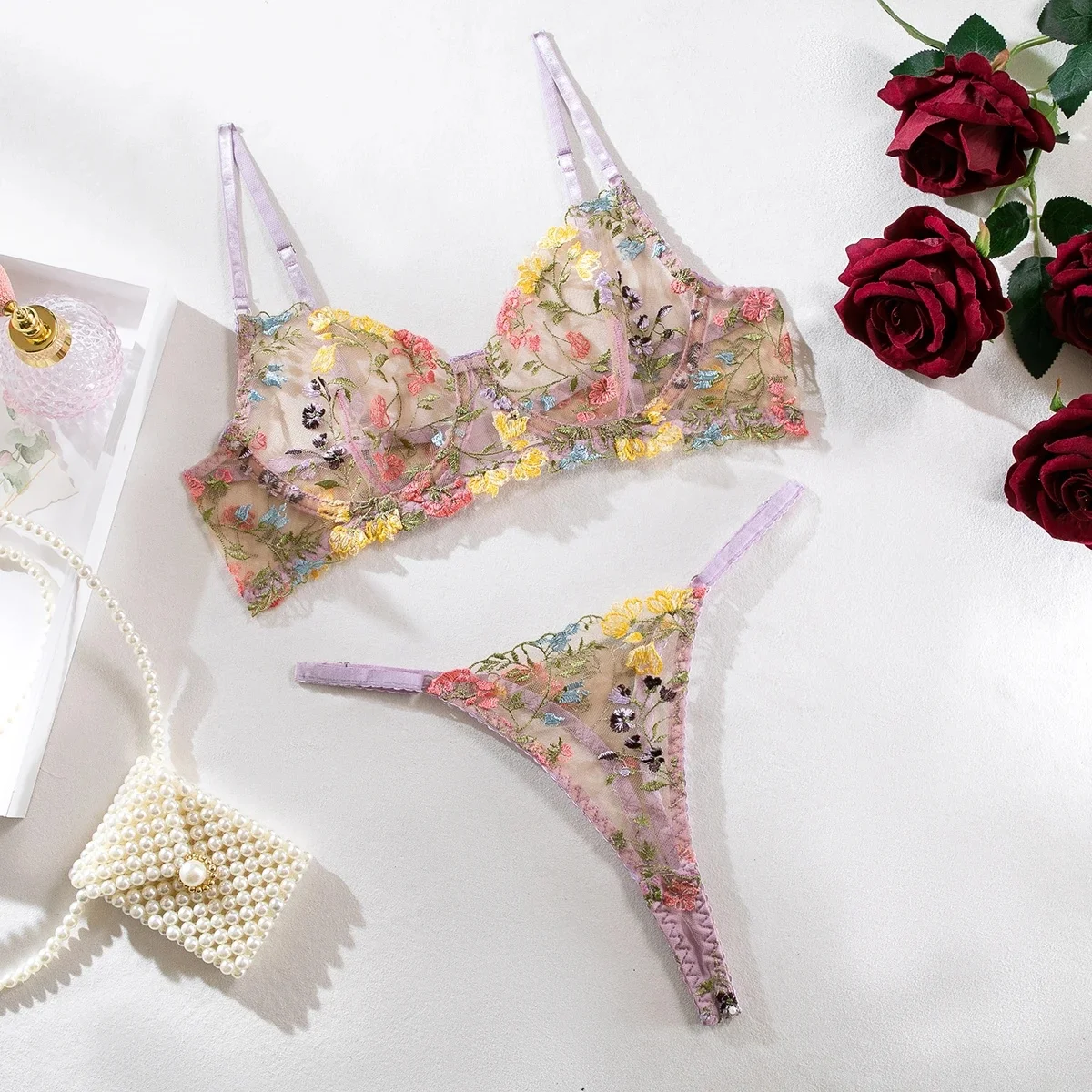 Yimunancy Bloemenborduurwerk Lingerie Set Vrouwen Doorschijnende 2-delige Boho Bh Slip Ondergoed Set Intimi