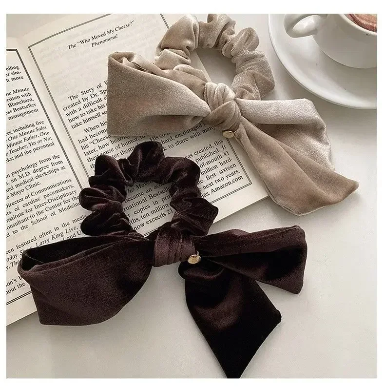 New Vintage Velvet Bow Scrunchie Rabbit Knot Hair Rope Ribbon Elastic Ponytail Holder Hair Tie Solid Hair Accessories Winter