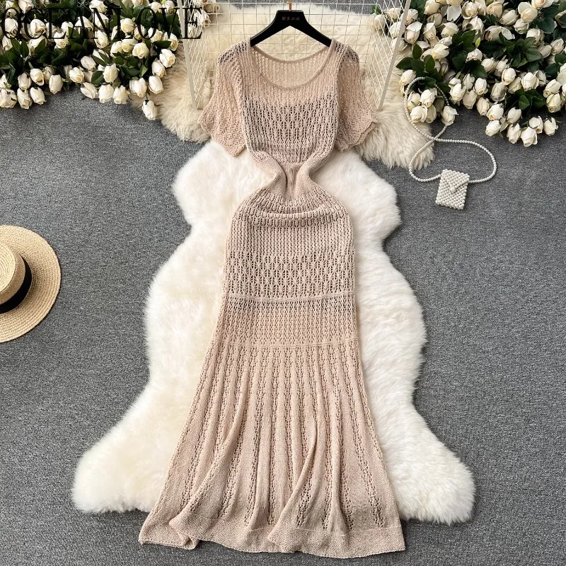 

OCEANLOVE крючок полые Длинные платья Твердые весенние летние трикотажные элегантные винтажные платья женские модные сексуальные женские платья