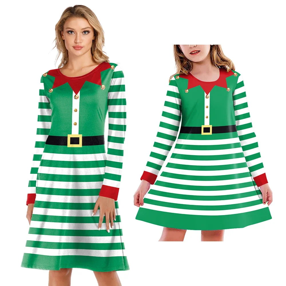 Mother Daughter Dress Christmas Costume Stripes Printed Cosplay Santa Claus Outfit Xmas Fancy Dress Women Family Clothing Sets