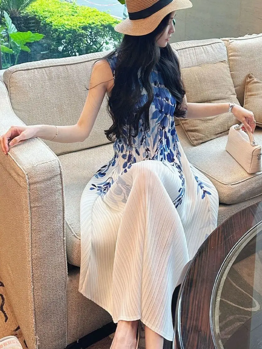 여름 신상 여성 플로럴 프린트 플리츠 드레스 슬리 하이웨이스트 A라인 스커트 통기성 폴리에스터 섬유 슬림핏