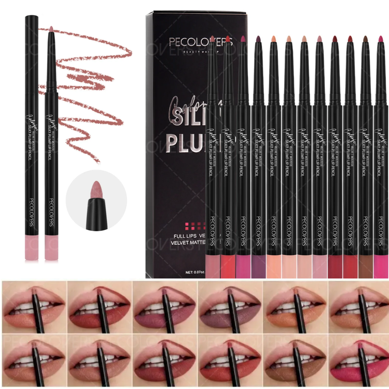 12 SZT./Zestaw Aksamitny Matowy Konturówka do Ust - Gładkie Aplikowanie, Lekka, Nieklejąca, Modelowanie Ust 3D, Idealny Prezent na Boże Narodzenie